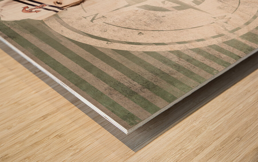 Young sailor pin up girl on travel cruise compass Wood print