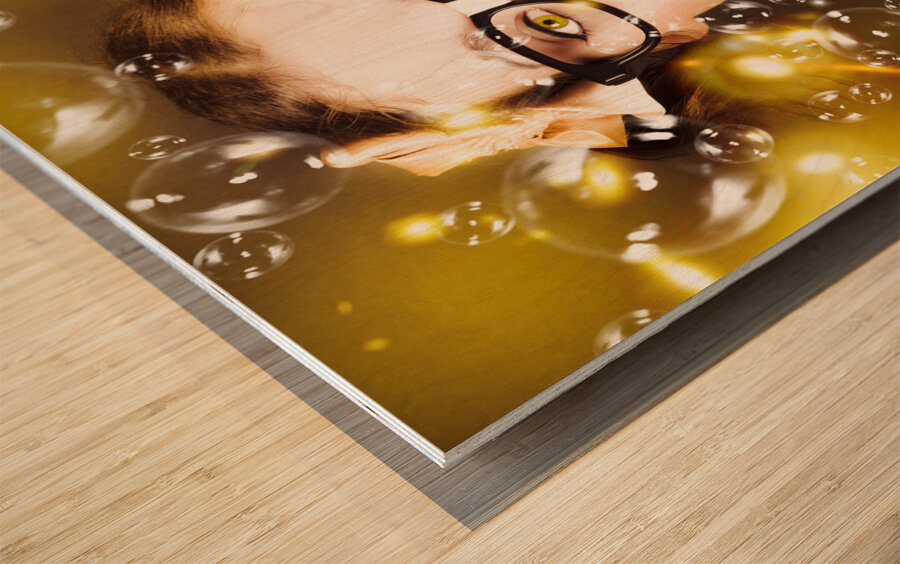 Female Nerd Blowing Bubbles Of Business Success Wood print