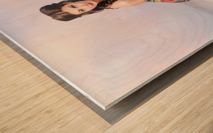 Creative summer fashion. Woman in floral dress Wood print