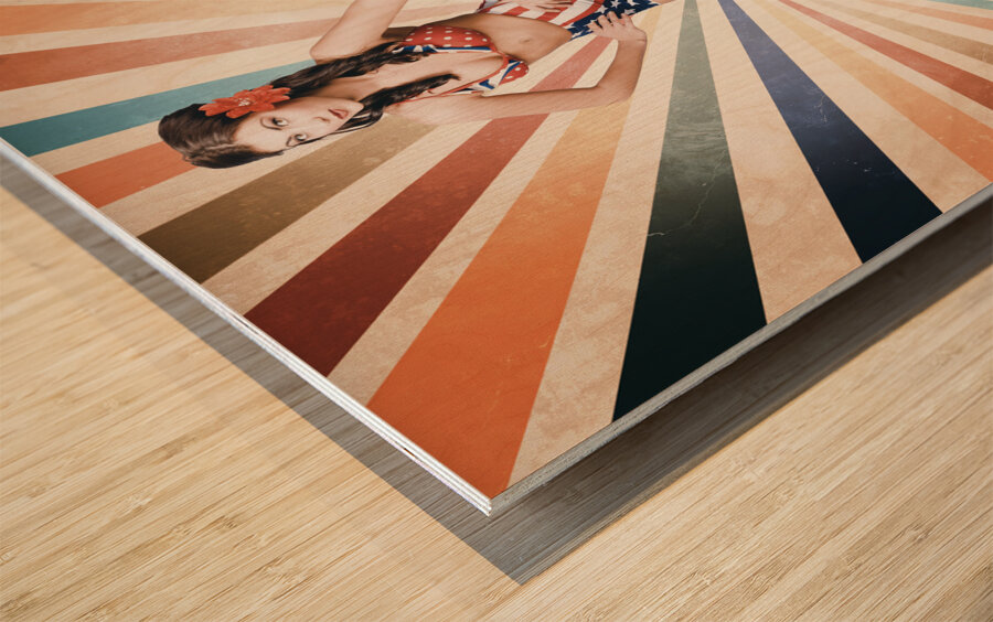 Retro pinup woman. Vintage makeup and hair Wood print