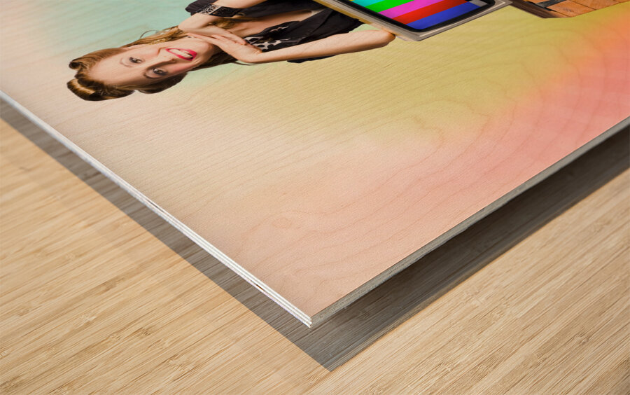 Technology Smart Pinup Woman On Retro Color TV Wood print