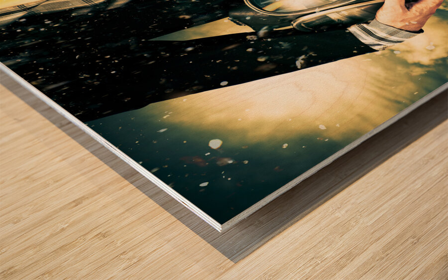 Man with gas mask. New beginning. Sky’s the limit Wood print