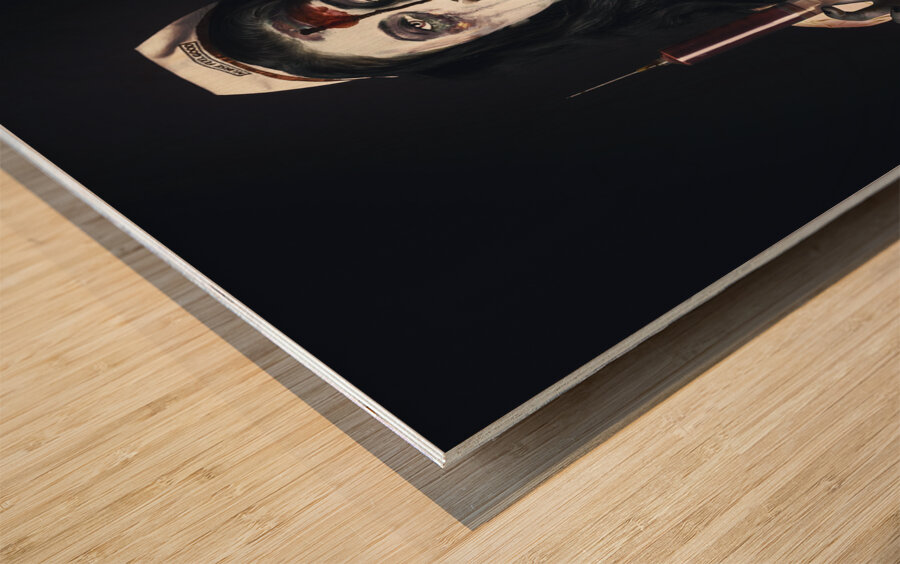 Zombie nurse holding bloody euthanasia syringe Wood print