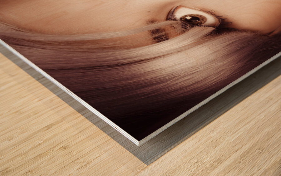 Surprised pinup girl with lipstick makeup in mouth Wood print