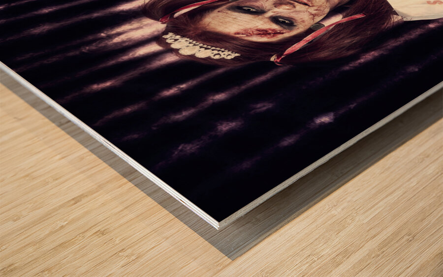Evil zombie prom queen holding flowers on stage Wood print