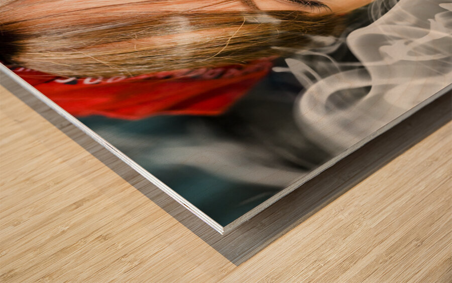 Unhappy Woman Smoking Cigarette Wood print