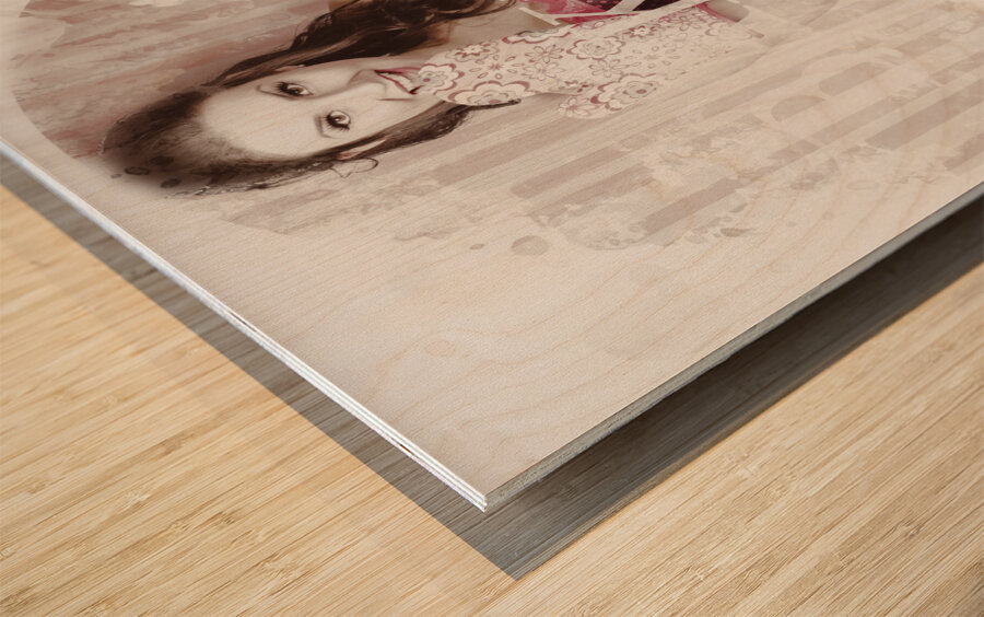 Pinup girl cooking up surprise treat in bakery Wood print