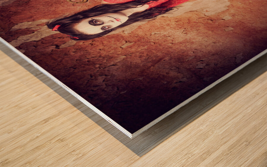 Tired human wind-up doll with sugar skull make up Wood print