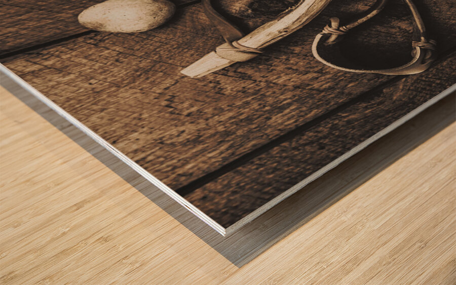 Vintage toy slingshot on wooden cubby house floor Wood print