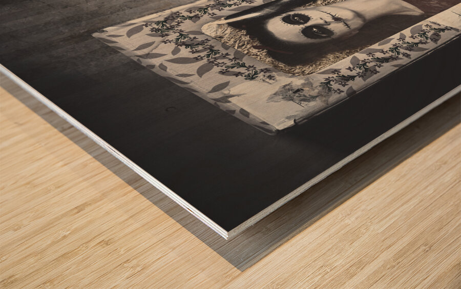 Possessed sugar skull doll inside vintage toy box Wood print