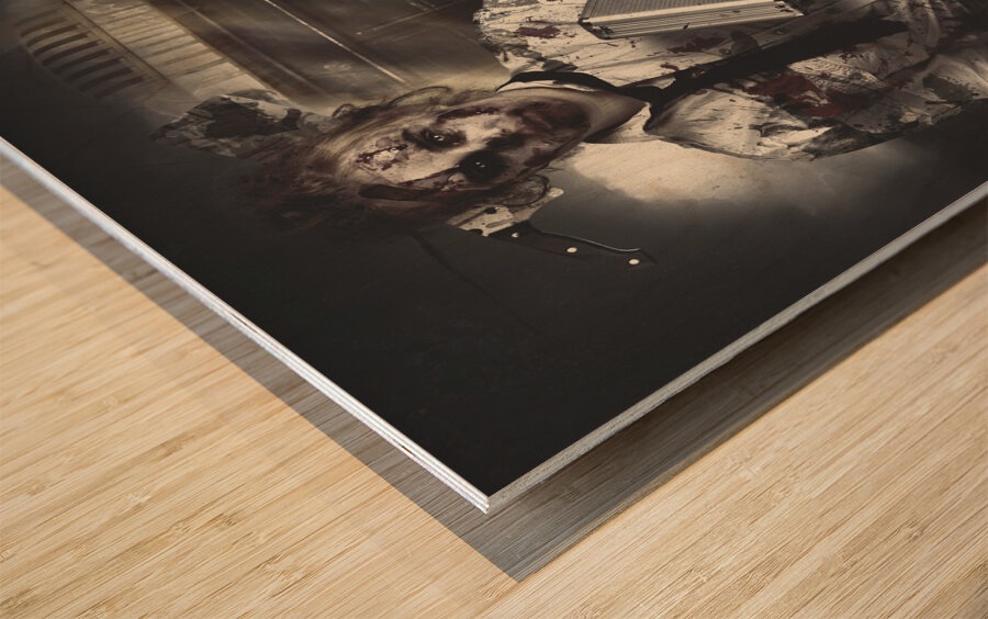 Dead zombie business woman catching ghost train Wood print