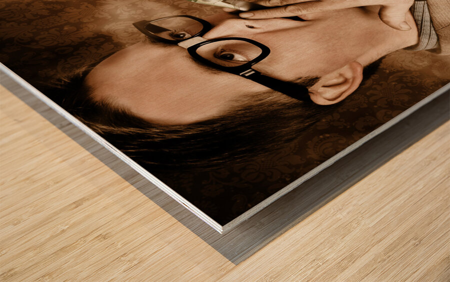 Vintage business man smoking money in success Wood print