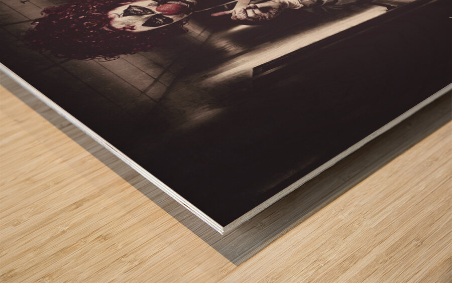 Creepy medical clown in grunge hospital hallway Wood print