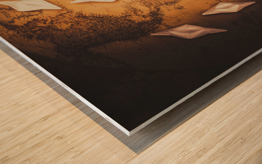 Maritime Origami Ships On Antique Map Wood print