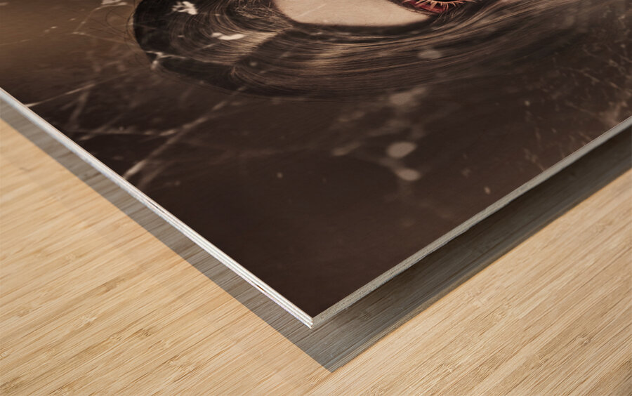 Female face of dark horror. Eye of the black widow Wood print