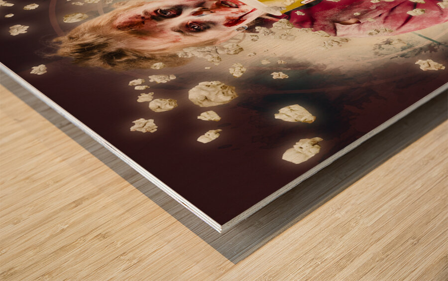 Creepy possessed girl watching horror movie Wood print