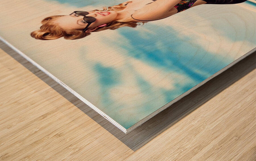 Cute Pinup Girl Looking Surprised On Beach Pier Wood print