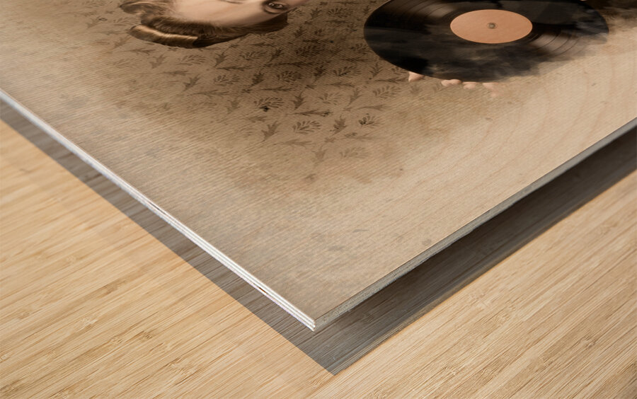 Pin-Up Rockabilly Woman Holding Vinyl Record LP Wood print