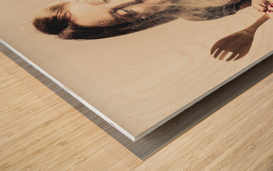 Retro cooking woman giving recipe kiss Wood print