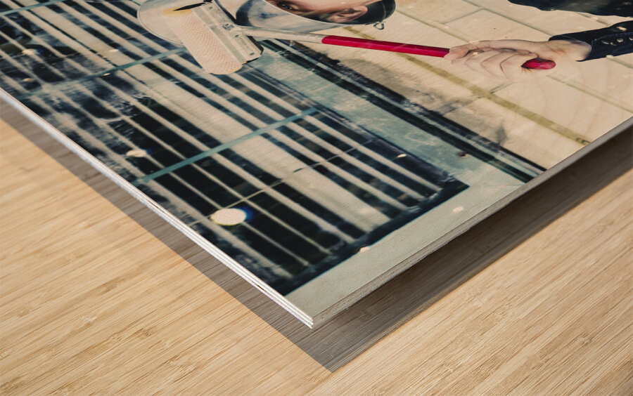 Funny cleaner man ready for action Wood print