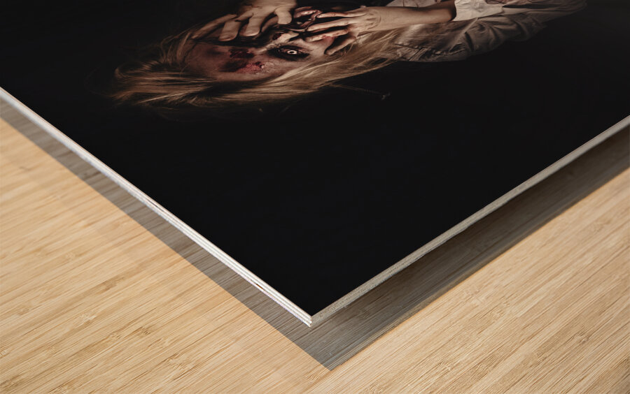 Dark halloween portrait. Scary evil zombie Wood print