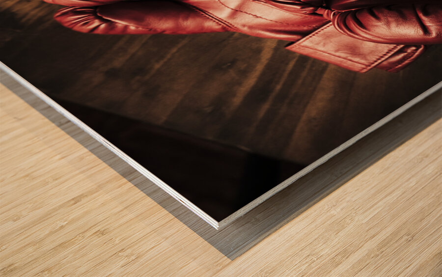 Retro red boxing gloves on wooden training bench Wood print