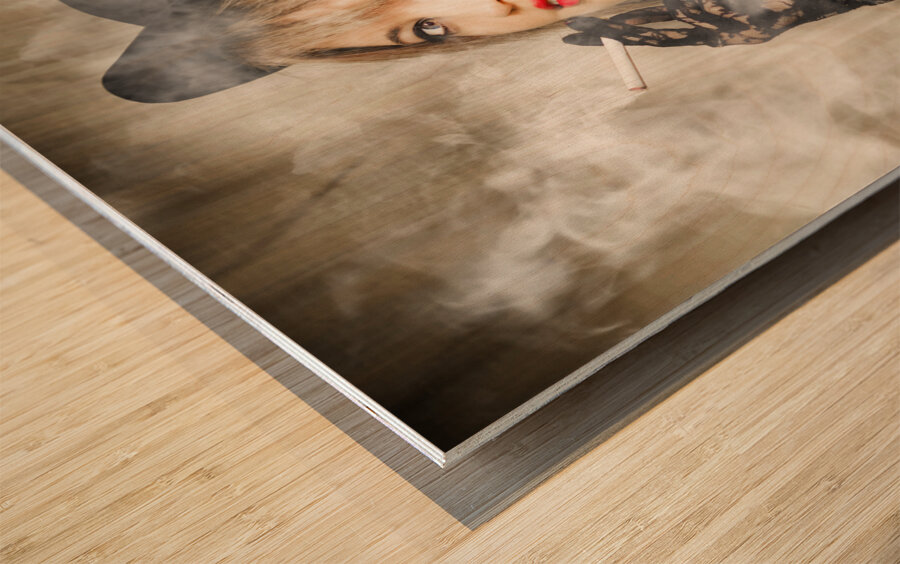 Female retro pinup model with smoke Wood print