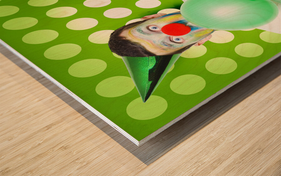 Crazy Party Clown Inflating Green Party Balloon Wood print