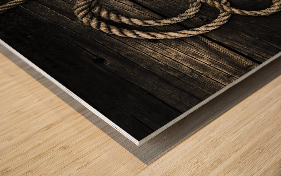 Nautical rope on boat deck. Maritime knots Wood print