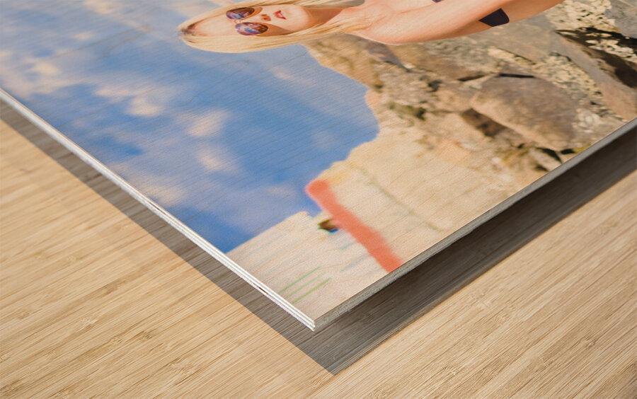 Traveling Tourist With Suitcase On Beach Vacation Wood print