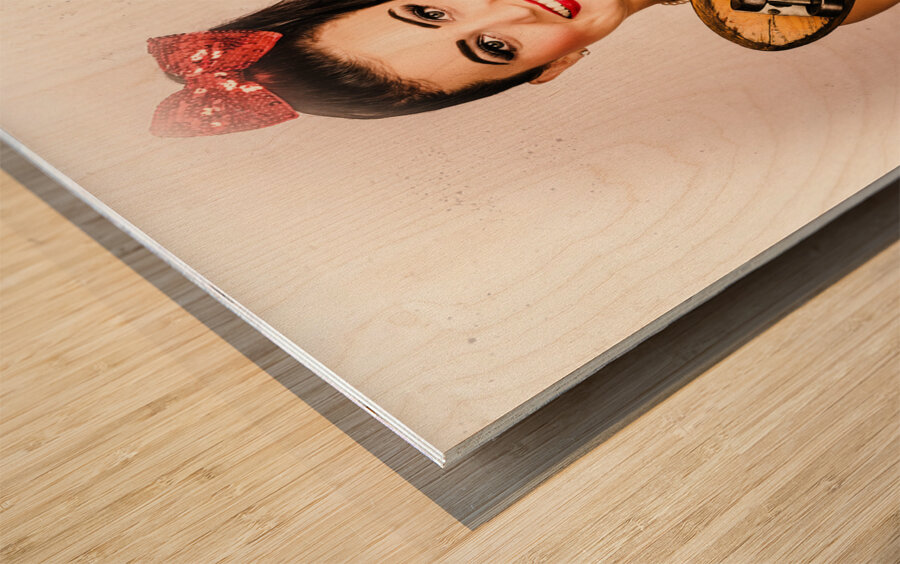 Vintage portrait of a pin-up model with skateboard Wood print