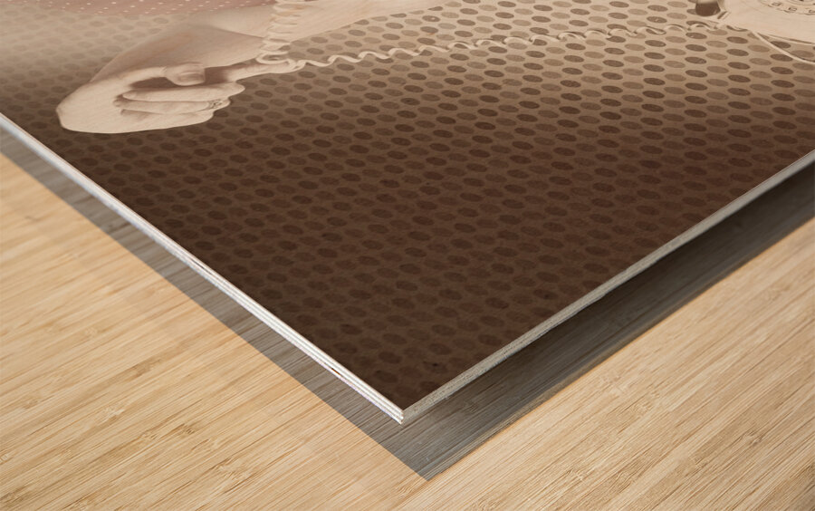 Beautiful brunette pinup woman on vintage phone Wood print