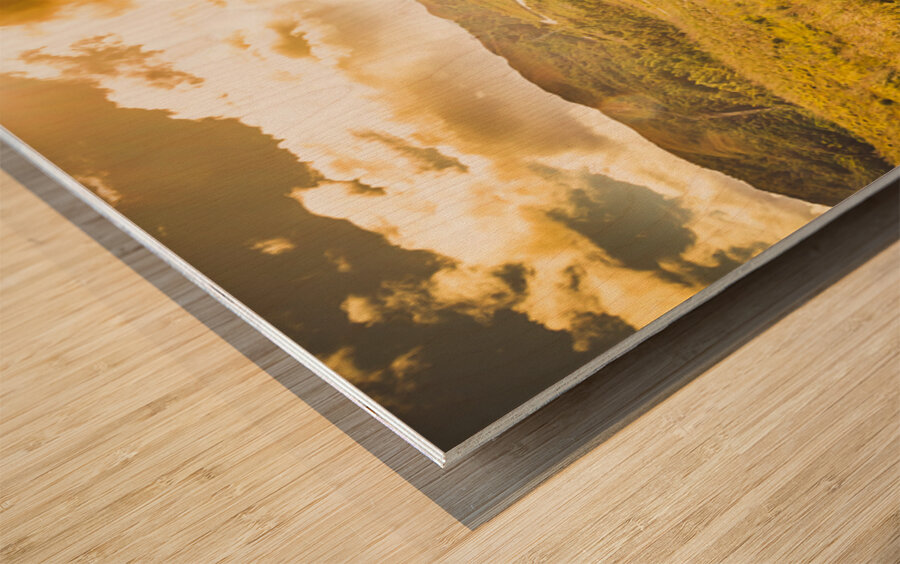 Gorgeous golden sunset field  Wood print