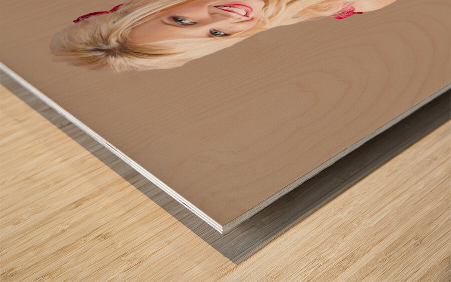 Beautiful Blonde with Heart-Shaped Record Wood print