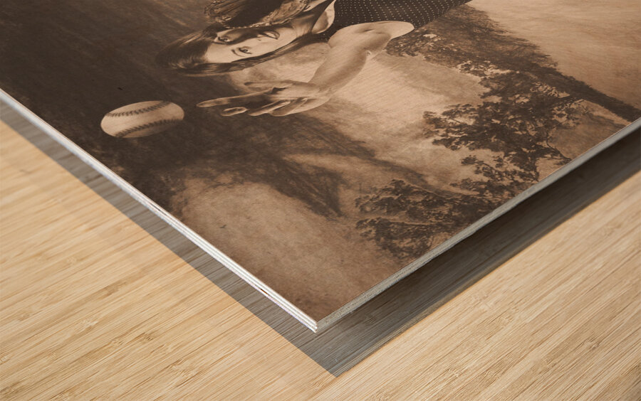 Vintage pin up girl pitching baseball Wood print