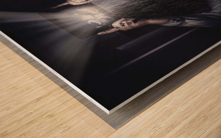 Woman checking weather forecast on tablet Wood print