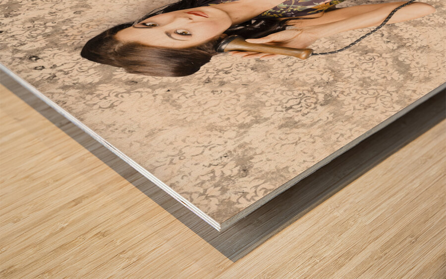 Cute housewife in 50s style on vintage phone Wood print