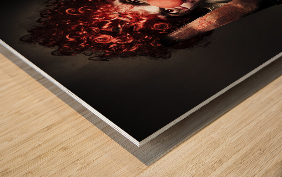 Angry Horror Clown Holding Butcher Saw In Darkness Wood print