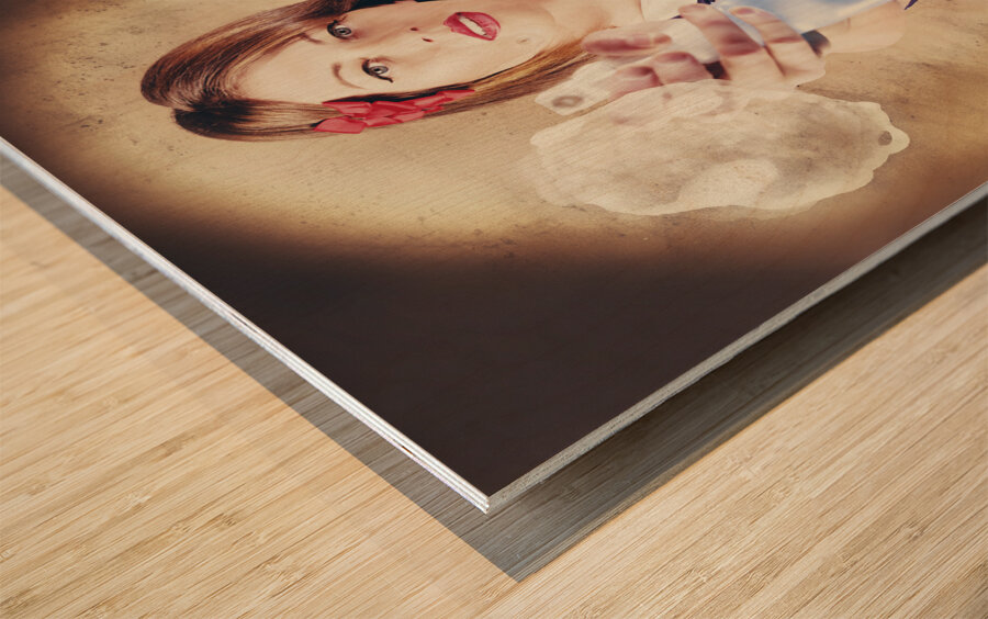 Pump action pin up woman killing glass grime Wood print