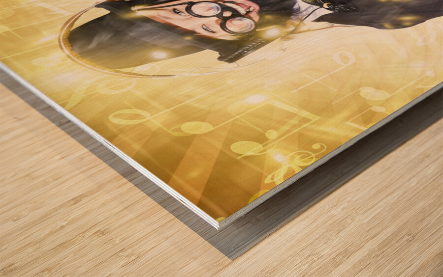 Man listening to FM radio broadcast with headphone Wood print