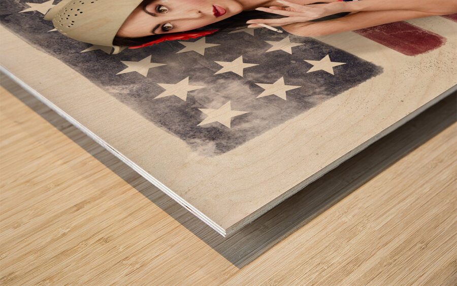 USA pin-up woman. On vintage American flag wall Wood print