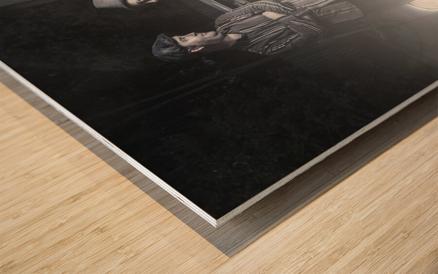 2 male gangsters meeting in dark alleyway Wood print