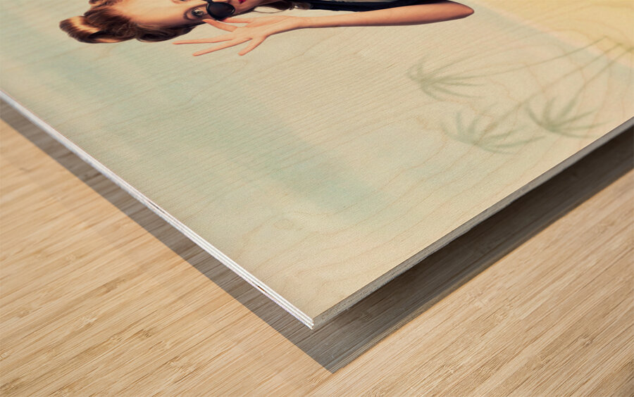 Travelling Pin-Up Girl Sitting On Vintage Luggage Wood print