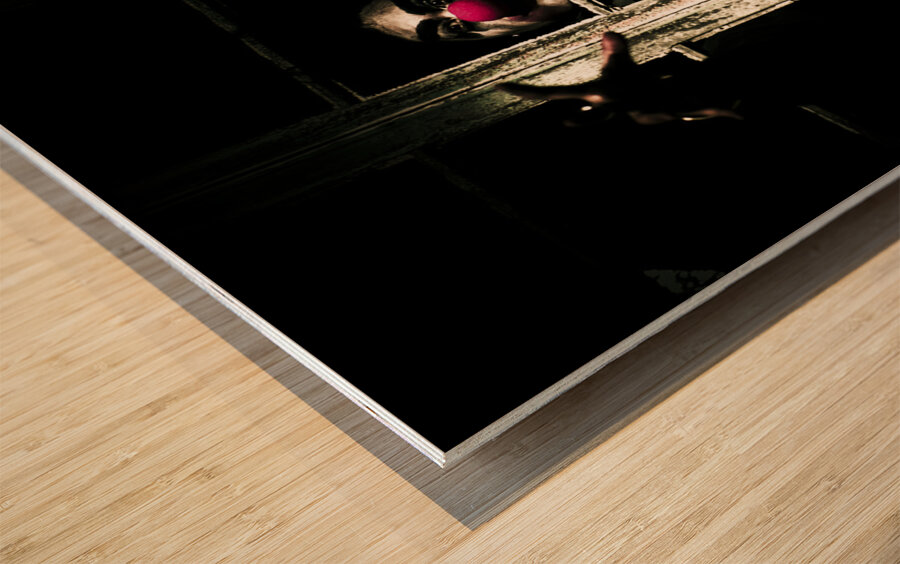 Scary Clown Clawing Window Wood print