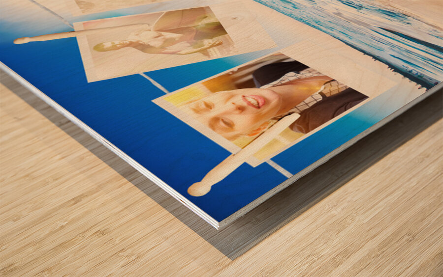 Vacation woman with photos from summer holiday Wood print