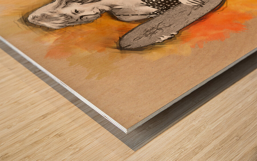 Skateboard pin-up illustration Wood print