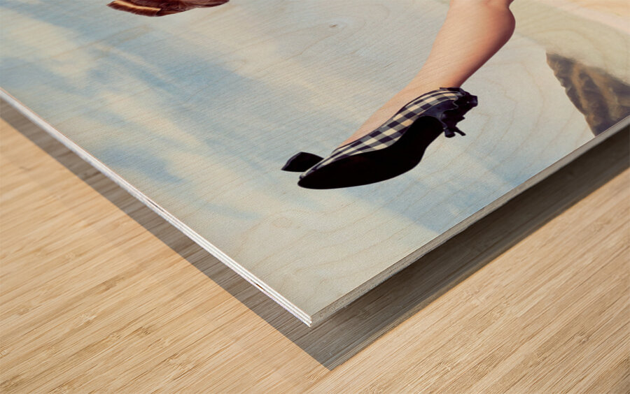 Fine art fifties poster girl on travel luggage Wood print