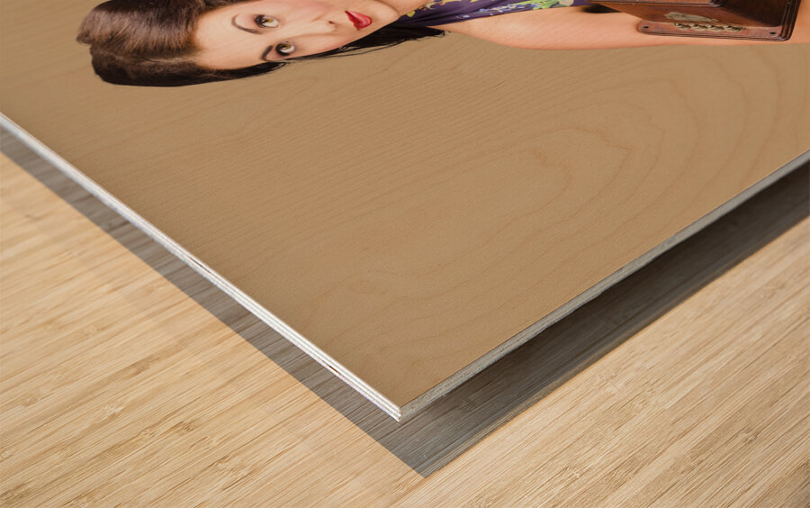 Retro receptionist on vintage telephone. Call us Wood print