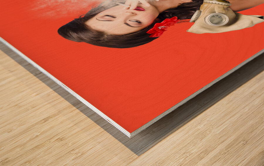 American military pin up girl holding gasmask  Wood print