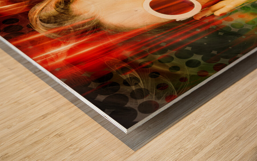 Young retro woman listening to earphones Wood print